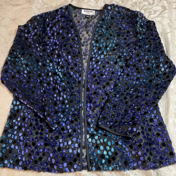 Kasper Dress Women’s SZ 14 Semi-Sheer Polka-Dot Cover Up Open Front Cardigan - Picture 9 of 12